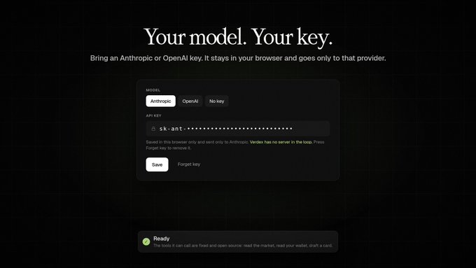 A dark-themed settings screen titled 'Your model. Your key.' displaying options to configure Anthropic or OpenAI API keys, with a masked key shown and a 'Ready' status indicator at the bottom.