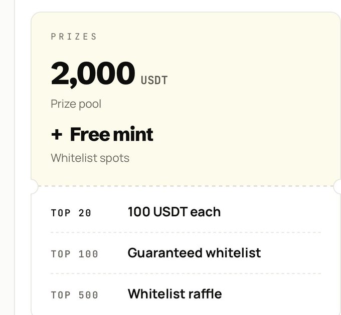 A prize information graphic displays 'PRIZES 2,000 USDT Prize pool + Free mint Whitelist spots', with tiers including 'TOP 20 100 USDT each', 'TOP 100 Guaranteed whitelist', and 'TOP 500 Whitelist raffle'.