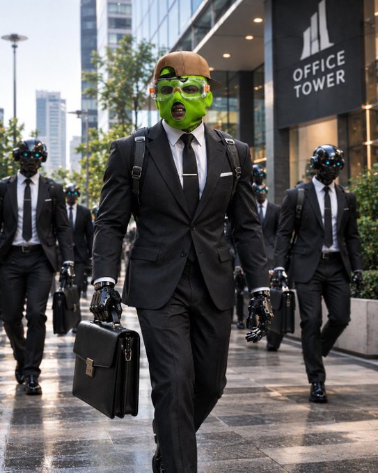 A masked figure in a suit leads a group of robotic workers in suits and briefcases out of a building labeled "OFFICE TOWER." The surreal scene reflects the post's theme of robotics entering the workforce, with the cybernetically enhanced employees symbolizing the growing integration of robots into everyday business environments.