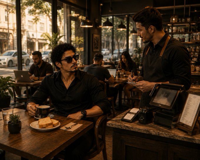 The image shows two men sitting at a table, with one man wearing an apron and the other wearing sunglasses. The man in the apron appears to be serving coffee or tea while the man in sunglasses is ordering from him. There are also several other people present in the scene, some of whom may be customers waiting for their orders.

The setting seems to be a restaurant or cafe with multiple tables and chairs arranged throughout the space. The atmosphere suggests that it could be an early morning or late night shift at this establishment.