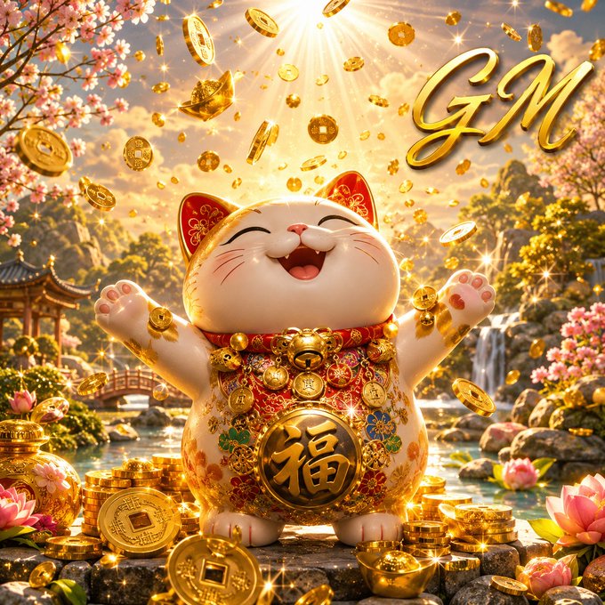 A festive illustration of a smiling Maneki-neko (lucky cat) with a raised paw, surrounded by falling gold coins and a Chinese character '福' (fortune) on its belly, with golden 'GM' letters in the sky.