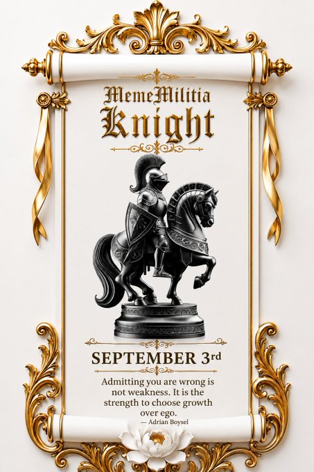 An ornate scroll-style graphic titled 'MemeMilitia Knight' dated September 3rd, featuring a chess knight statue and a quote by Adrian Boysel: 'Admitting you are wrong is not weakness. It is the strength to choose growth over ego.'