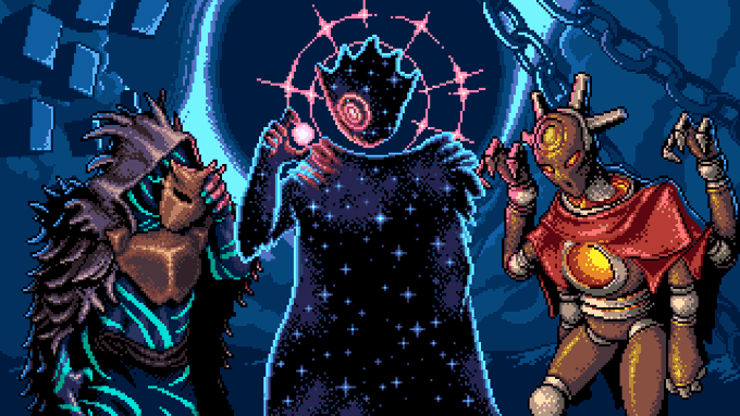 The pixel art image depicts three mysterious, otherworldly characters—a spiky armored figure, a robed entity with a glowing eye, and a mechanical being with a gear-shaped head—gathered before a swirling portal, visually evoking the cryptic lore and mythological encounters central to "Fabled Chronicles," a blockchain-based crypto game where each block unlocks a new story.