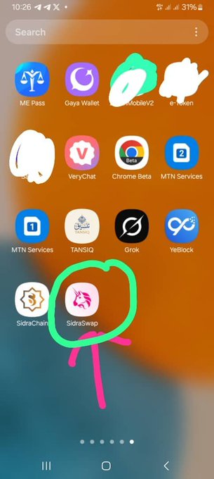 The image displays a phone's home screen highlighting the "SidraSwap" app icon, which features a unicorn logo reminiscent of the Uniswap logo. The accompanying post emphasizes the excitement around SidraDEX, noting its installation on the web.