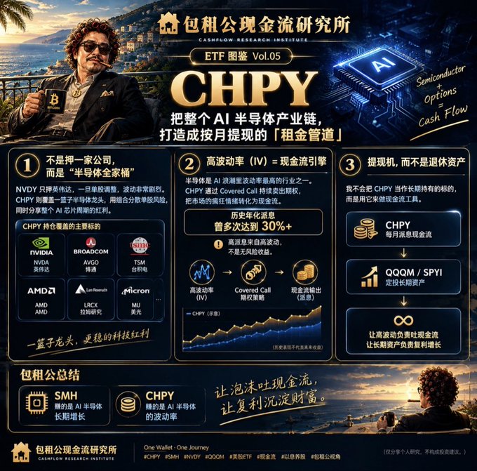 A Chinese-language financial infographic titled 'CHPY' from 'Cashflow Research Institute' discussing AI semiconductors and ETFs like NVDA, BROADCOM, TSM, AMD, LRCX, and MU.