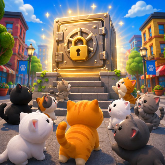 A group of cartoon cats gather around a glowing golden vault adorned with a lock, symbolizing security and protection. The image visually represents the concept of "Locking dev supply," illustrating how development tokens are secured away from circulation.