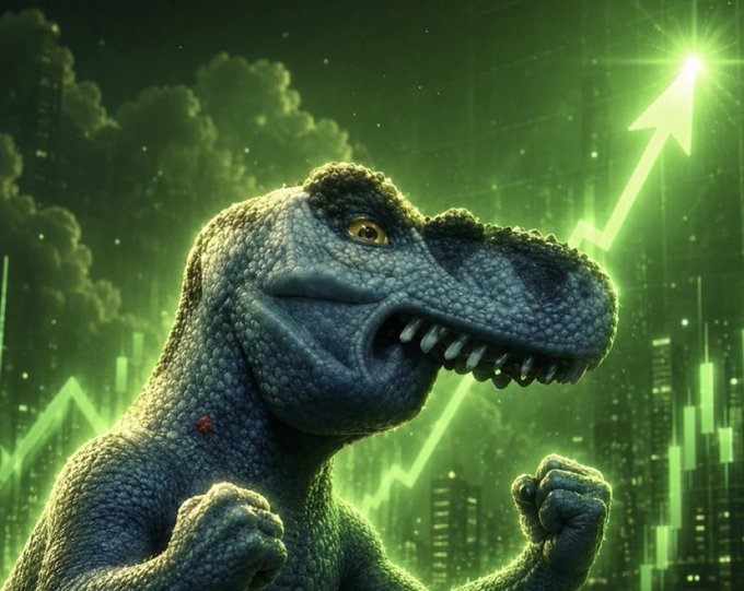 A blue dinosaur figure flexes confidently in front of a glowing green upward-trending chart arrow, symbolizing bullish momentum. The image visually reinforces the post's triumphant "I told you" sentiment about the ticker $FEFER performing as predicted, with the dino likely referencing the project's mascot and the rising chart illustrating its growth.