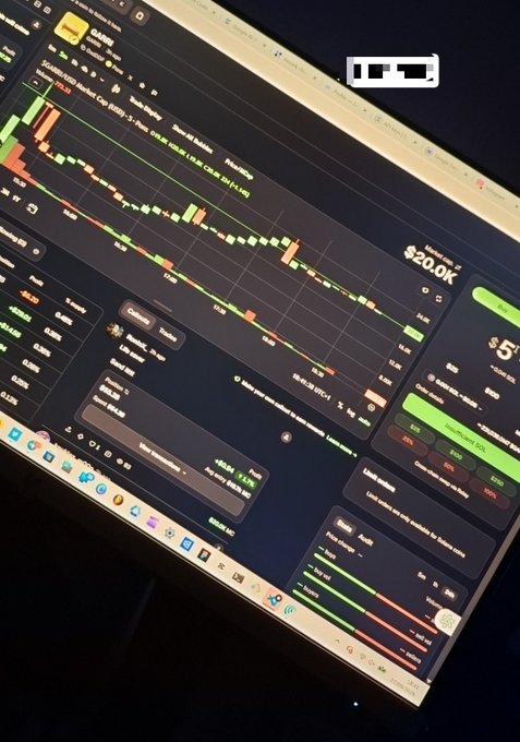 A laptop screen displays a trading platform charting GUARDIA ($GARRI/USD), showing a market cap of $20.0K with a candle chart that includes a notable dip, corresponding to the post's claim of catching a 16K dip on the $GARRI token before hoping for a 100x pump.