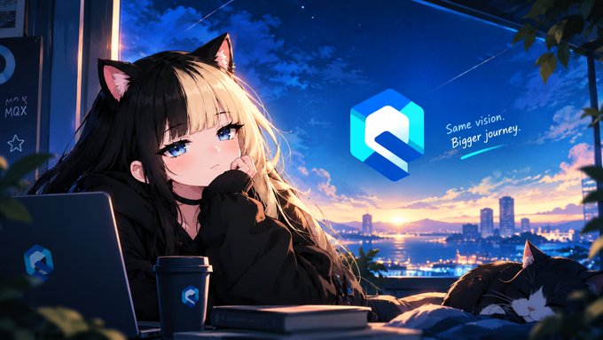 An anime-style illustration of a girl with cat ears working on a laptop by a window at night, with the 'mai-mox' logo and tagline 'Same vision. Bigger journey.' displayed.