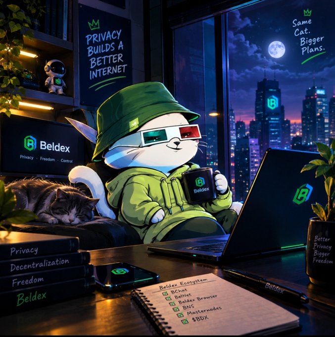 An illustration of a cat wearing a green bucket hat and 3D glasses, holding a mug with the 'Beldex' logo, sitting at a desk with a sleeping cat, surrounded by items labeled 'Beldex', 'Privacy', 'Decentralization', 'Freedom', and a sign reading 'PRIVACY BUILDS A BETTER INTERNET'.
