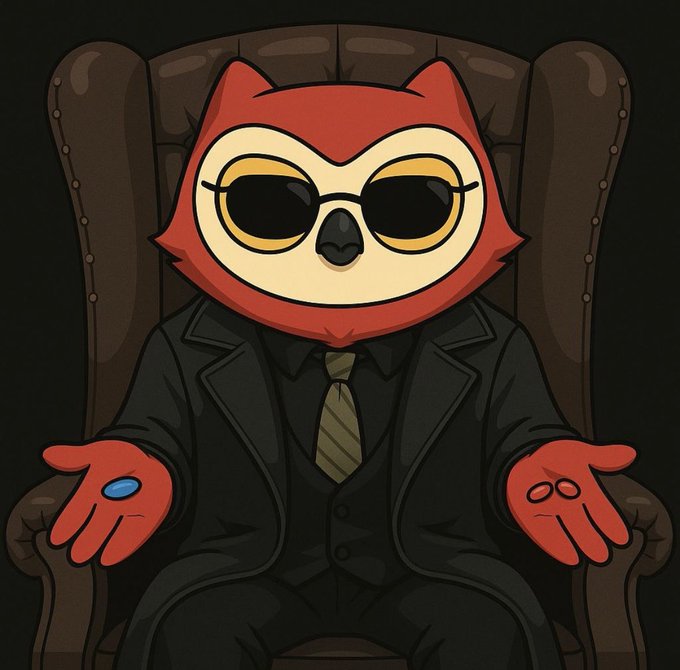 An illustration of a red lemur-like character in a black suit and sunglasses sitting in a leather chair with outstretched hands, holding pills.