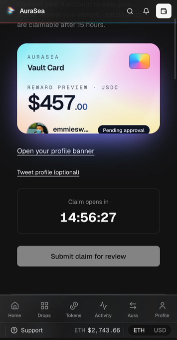 AuraSea drop interface showing a Vault Card reward preview of $457.00 USDC for user 'emmiesw...' with 'Pending approval' status and a claim countdown timer at 14:56:27.