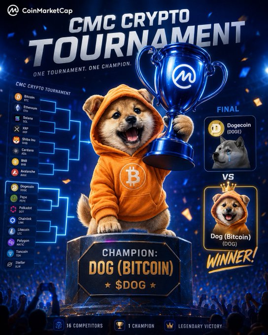 A promotional poster for the 'CMC CRYPTO TOURNAMENT' featuring a Shiba Inu in an orange Bitcoin hoodie holding a trophy, with the 'CHAMPION: DOG (BITCOIN) $DOG' declared as winner against Dogecoin.