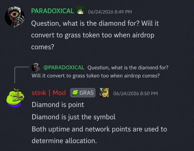 A Discord conversation between user "PARADOXICAL" and moderator "stink" from the GRAS server, where paradoxical asks what the diamond symbol means and whether it will convert to grass tokens during the airdrop, and stink clarifies that the diamond is just a symbol representing points, with both uptime and network points used to determine allocation.