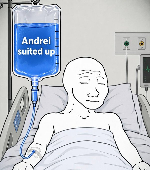 A meme featuring a Wojak character lying in a hospital bed connected to an IV drip labeled 'Andrei suited up'.