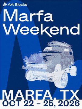 The image features a poster for an upcoming event called "Marfa Weekend" at the Art Blocks gallery in Marfa, Texas. The poster includes a picture of a car with a roof rack and a trailer attached to its back, which is driving on a road. The text on the poster announces that the event will take place from October 22nd to 25th, 2016, and invites people to RSVP for this special occasion.