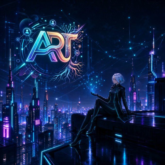 A figure in a sleek black suit sits on a rooftop overlooking a neon-lit futuristic cityscape, holding a glowing light toward a large "ART" logo interwoven with AI network nodes and circuitry. The image visually reinforces the post's message about AiTraceRoot's AI-native intelligence layer transforming raw blockchain signals into structured, contextual insights—mirroring the act of extracting clarity from the dense, signal-saturated crypto environment below.