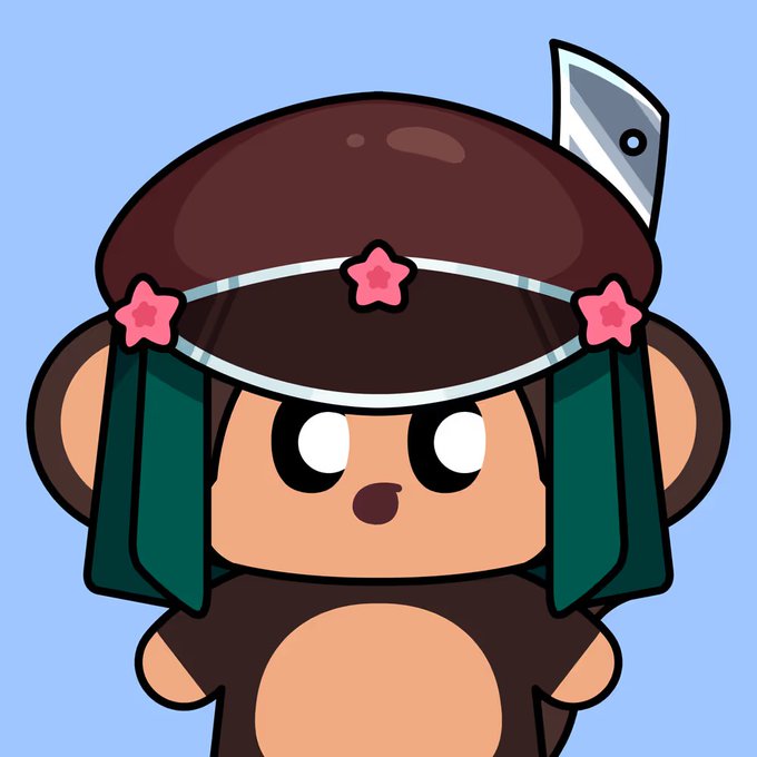 A cute cartoon monkey character with a brown helmet decorated with pink flowers and a small blade on top, set against a light blue background, likely representing the NFT "Tarujirou" that was just sold for 0.803 ETH as part of the strategy sale announcement.