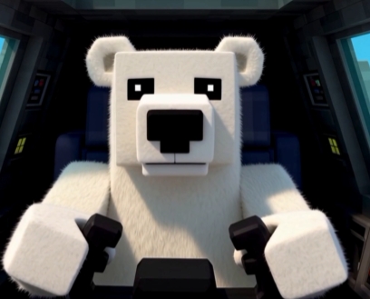 A 3D-rendered white polar bear character sitting in the driver's seat of a vehicle, hands on the steering wheel.