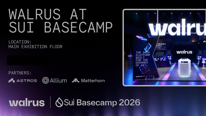 A promotional graphic announces "Walrus at Sui Basecamp" on the Main Exhibition Floor, featuring partner logos for Astros, Allium, and Matterhorn, alongside an image of the brightly lit Walrus booth displaying "The Data Platform Built for the Demands of AI &" and "Memory Elevated," tying directly to the post's invitation to visit the Walrus team and attend keynotes and partner showcases at the Singapore event.