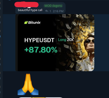 A Discord chat screenshot shows a user celebrating massive gains on $HYPE, featuring a Bitunix trading card displaying a "HYPEUSDT" long position up +87.80%, alongside an image of a man covered in gold and a praying hands emoji—visually reinforcing the post's hype about printing profits before sharing a big update.