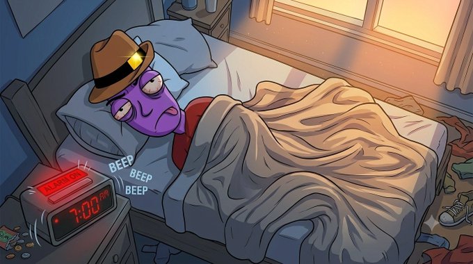 A cartoon illustration of a purple character wearing a fedora sleeping in a messy bed with an alarm clock beeping at 7:00 AM.