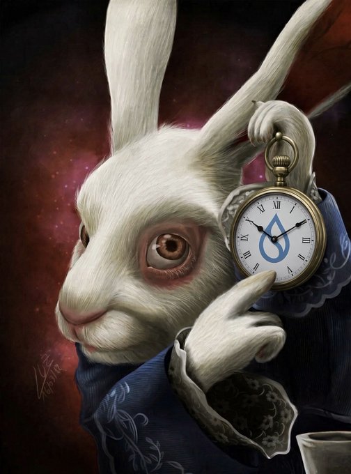 A digital illustration of the White Rabbit from Alice in Wonderland holding a pocket watch featuring a blue Destiny game logo on its face, set against a cosmic background.