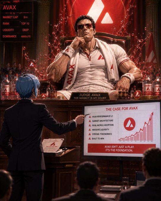 The image features a man sitting behind a desk, with a woman standing next to him. They are both wearing suits and appear to be engaged in a discussion or presentation related to the Hot Emin Trials. The scene takes place in front of a TV screen displaying information about the trials, which is likely part of an advertisement for the event. The image also includes text that reads "The Case for Avax" and "AVAX just a play".