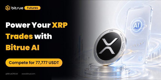 A Bitrue Futures promotional banner featuring the text "Power Your XRP Trades with Bitrue AI" alongside a silver XRP coin and a smartphone displaying "AI," advertising a trading competition with a 77,777 USDT prize pool to accompany the post's announcement of Bitrue's AI-powered XRP trading event.