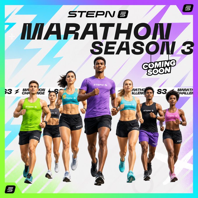 Promotional graphic for 'STEPN MARATHON SEASON 3' featuring seven athletic models in colorful STEPN-branded workout gear running forward, with 'COMING SOON' text in the upper right.
