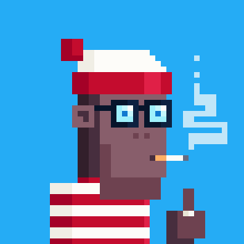 A pixel art illustration of a person with dark skin wearing a red Santa hat, glasses, and a red and white striped shirt, smoking a cigarette against a blue backdrop.