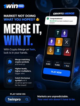 An advertisement for 1win Pro's Crypto Merge game featuring the tagline 'MARKET NOT DOING WHAT YOU HOPED? MERGE IT, WIN IT' and showing a mobile game screen with crypto symbols, a balance of 10,000, and a 'PLAY NOW' button.