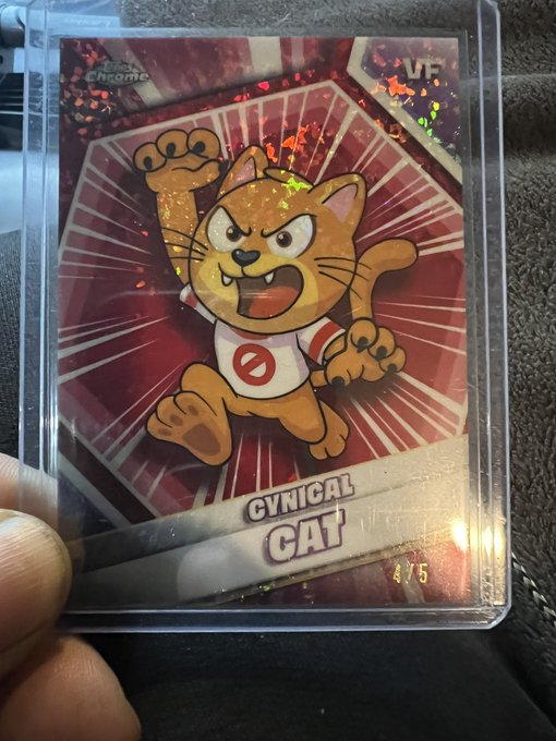 A Topps Chrome trading card featuring an angry Cynical Cat cartoon character in a baseball uniform, numbered 4/5.