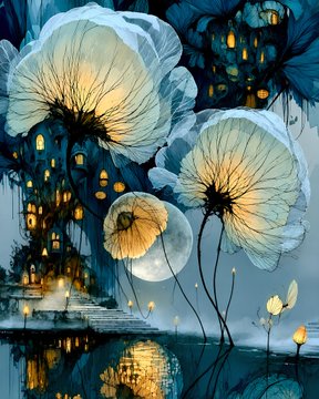 A fantasy artwork depicting large, translucent jellyfish-like flowers with glowing centers floating above a dark, mystical village with lit windows.