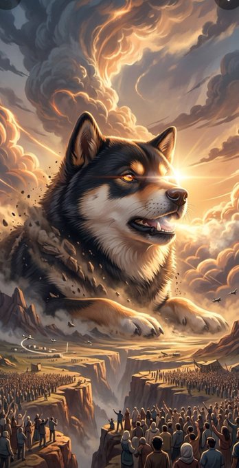A dramatic digital artwork depicts a giant wolf-like creature emerging from swirling clouds above a vast canyon, gazing down at crowds of people gathered on the cliffs below.