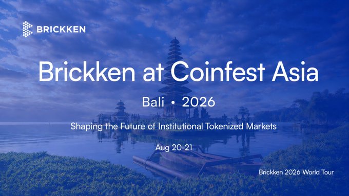 The image is a promotional banner for "Brickken at Coinfest Asia" taking place in Bali in 2026 (Aug 20-21), featuring the Brickken logo and the tagline "Shaping the Future of Institutional Tokenized Markets," set on a blue-tinted background showing what appears to be an Indonesian temple reflected in water. The banner ties into the post's mention of Coinfest Asia opening in Bali on the 20th, with both highlighting the event as a key gathering point for the Southeast Asian crypto and tokenization market that Brickken is engaging with through their 2026 World Tour.