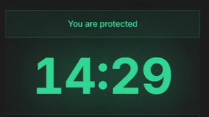 A dark digital display showing 'You are protected' in teal text with a countdown timer reading 14:29.