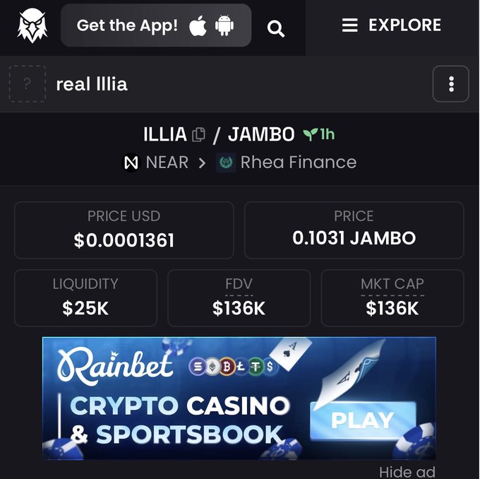 A cryptocurrency tracking app showing 'ILLIA / JAMBO' with a price of $0.0001361 USD and 0.1031 JAMBO, along with an advertisement for 'Rainbet Crypto Casino & Sportsbook'.