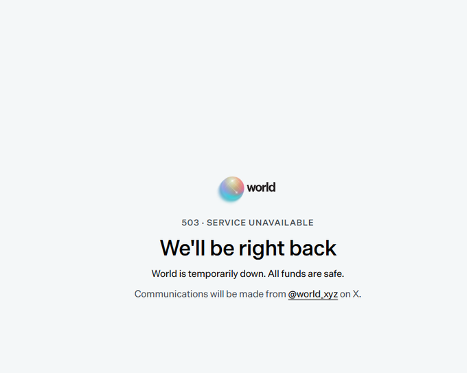 A maintenance error page from "World" (world_xyz) displaying a 503 Service Unavailable message reading "We'll be right back" and assuring users that "All funds are safe," directly addressing the user's complaint about being unable to access the site and worrying about their $300.