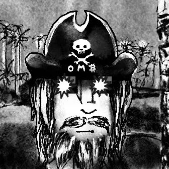 A weathered, black-and-white image features a skull-and-crossbones tricorn hat perched atop a bearded face with star-shaped eyes, set against a tropical palm tree backdrop. The pirate imagery, paired with mentions of "collecting amazing pieces," symbolically reflects the post's theme of hunting rare NFT treasures before they become legendary.