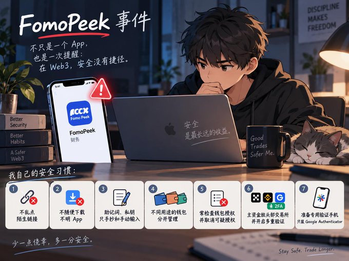 An anime-style infographic titled 'FomoPeek 事件' showing a young man at a laptop, listing 7 personal Web3 security habits in Chinese, ending with 'Stay Safe. Trade Longer.'
