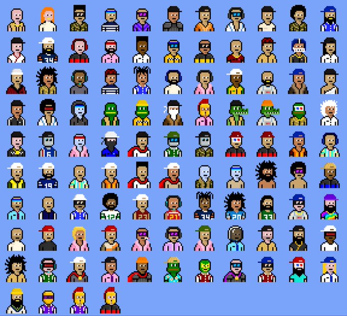 A grid of pixel-art CryptoPunks-style characters featuring various human figures, zombies, and ape avatars with diverse accessories and color schemes on a blue background.
