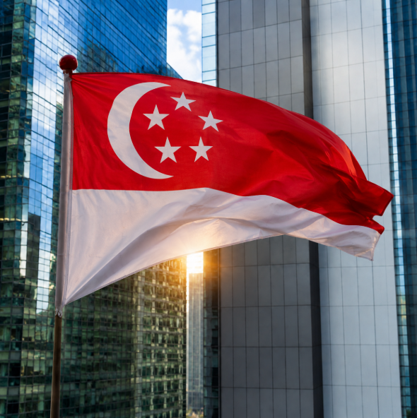 The Singapore flag waves prominently against a backdrop of modern skyscrapers, with sunlight glinting through the urban skyline. The image visually underscores the post's news about Singapore's Monetary Authority proposing stricter regulations for stablecoin issuers, emphasizing the city-state's role as a significant financial hub.