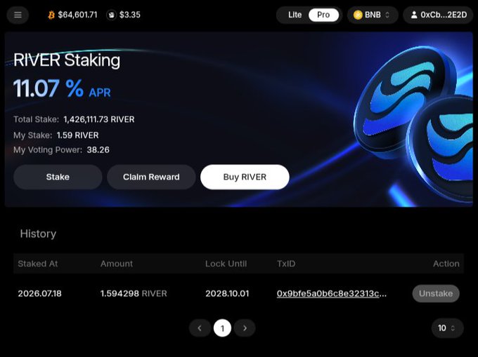 A screenshot of a crypto staking interface showing 'RIVER Staking' with 11.07% APR, a total stake of 1,426,111.73 RIVER, and staking history details.