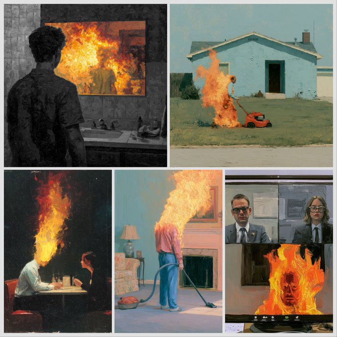A collage of five oil paintings depicting surreal, mundane scenes—people on a couch, a person mowing a lawn, a figure with a vacuum—all with their heads replaced by raging flames, evoking themes of burnout, mental struggle, or overwhelming emotion, likely reflecting the artist's personal expression of gratitude and emotional release through their art.