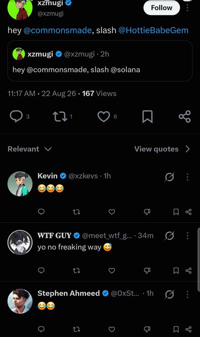 A Twitter/X post by @xzmugi reading 'hey @commonsmade, slash @HottieBabeGem' with replies including one from @meet_wtf_guy saying 'yo no freaking way 😍' and emojis from Kevin and Stephen Ahmeed.