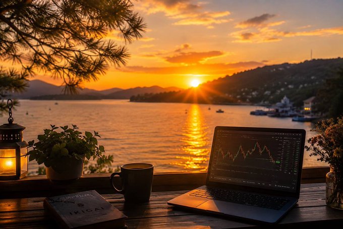 A serene sunset over a tranquil bay frames a laptop displaying a trading chart, alongside a steaming coffee mug, a book, and a softly glowing lantern on a wooden table. The scene perfectly captures the post's message of pausing from crypto trading to unwind, savoring coffee, and letting the mind rest on a peaceful Sunday evening.