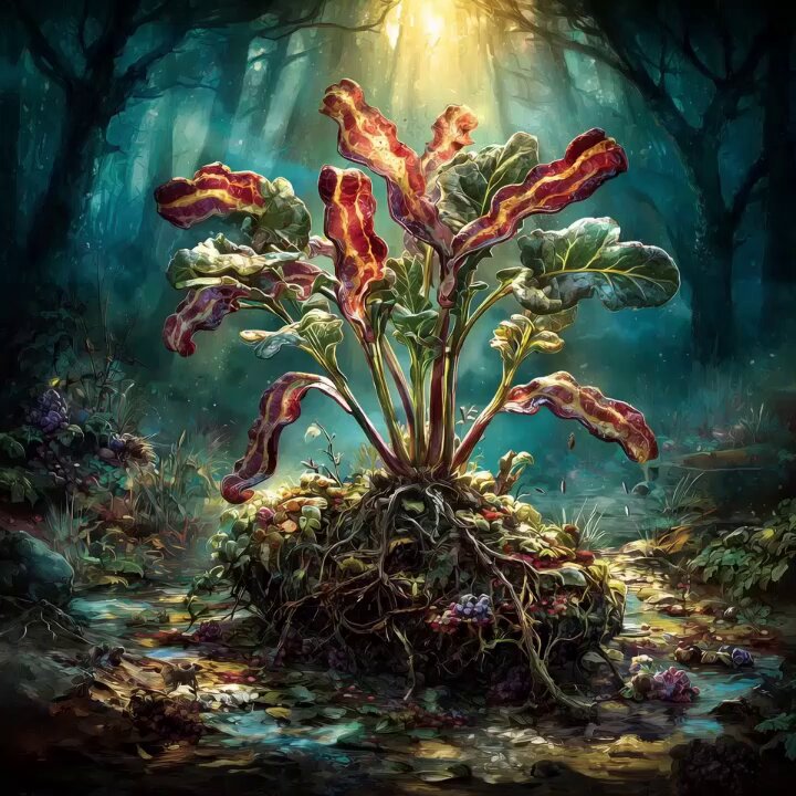 The image features a painting that depicts a plant with bacon growing out of its roots, surrounded by leaves and flowers. The plant appears to be a part of a forest scene, adding an interesting twist to the traditional depiction of a tree or bush. The artist has used a unique color palette for this piece, incorporating shades of red, green, and blue to create a visually striking composition. The post about the Bacon Tree of Life seems to be related to this artwork, as it is described as "Sold! A big huge thank you goes out to my friends @JourneyCharming, @Mehhart, and @sorinart gallery for collecting editions of The Bacon Tree of Life!".