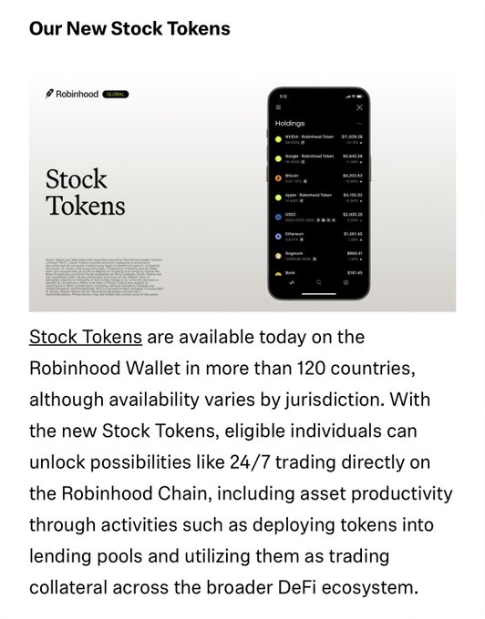 A promotional announcement titled 'Our New Stock Tokens' from Robinhood, indicating that Stock Tokens are available in over 120 countries, showing a phone screen displaying various asset holdings.