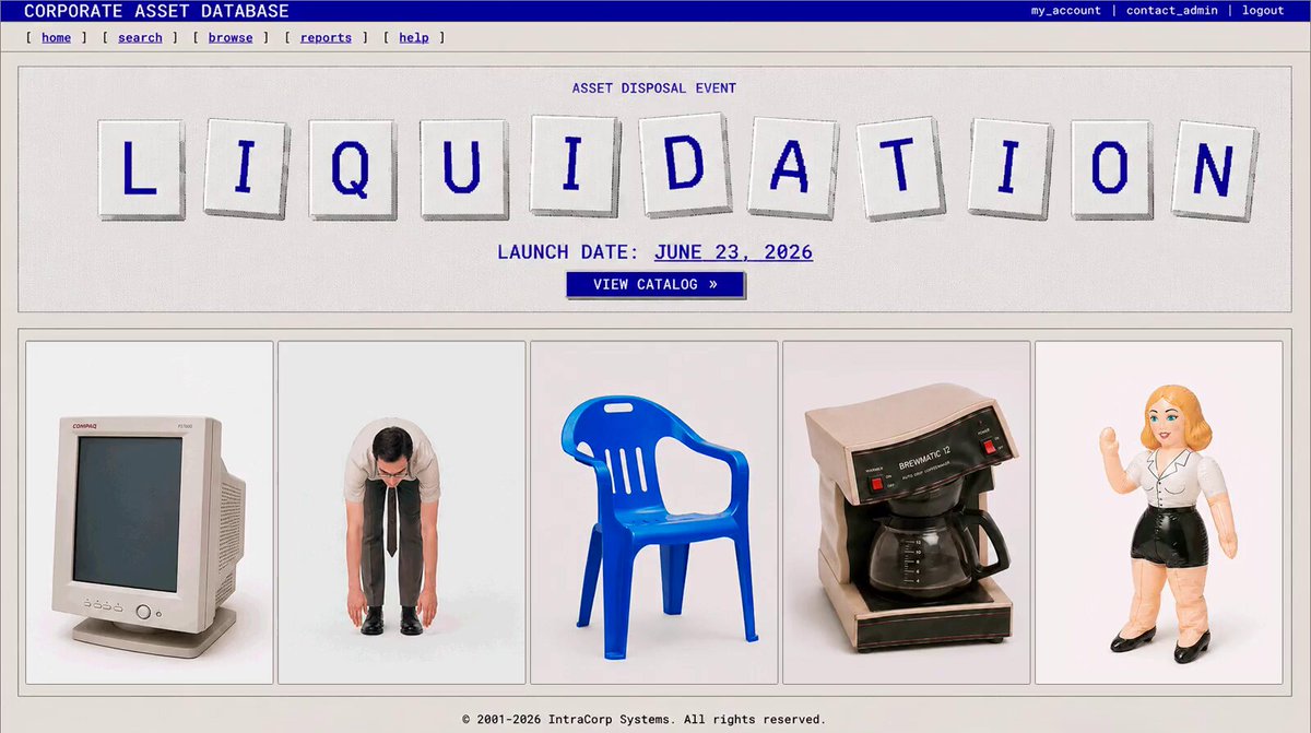 The image shows a website called "Liquidation" with a blue banner at the top that says "Liquidation Launching June 23. Over the next few days I'd like to share a little more about the collection, its ideas, and how the mint will work". The website is displayed on a computer screen in white text against a gray background.